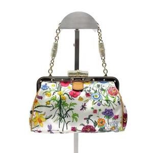 Gucci Floral Silk Satin Purse with Crystal Embellished Bamboo Style Chain Strap